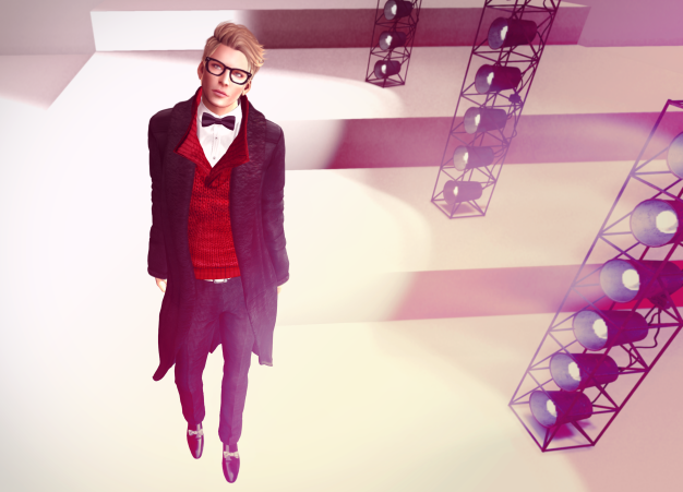 Hair: Jackson by Exile, Coat: Eskimo by Deadwool, Sweater: Bibbed by Aoharu, Shirt: Bow by Coco, Tie: Milano by Redgrave, Pants: Trousers by Kauna, Shoes: Ribbon by Gabriel, Glasses: Mesh Glasses by SSSWAG